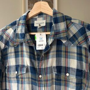 Lucky Brand Indigo Plaid western Shirt pearl snap buttons
